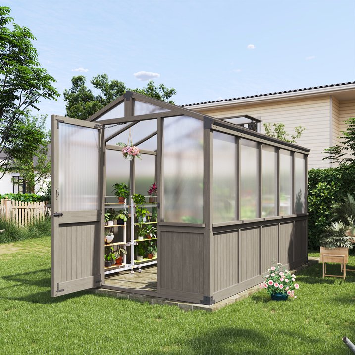 AOXUN 6' x 10' Outdoor Cedar Wood Greenhouse, Walk-in Greenhouse with Adjustable Roof Vent and Lockable Door