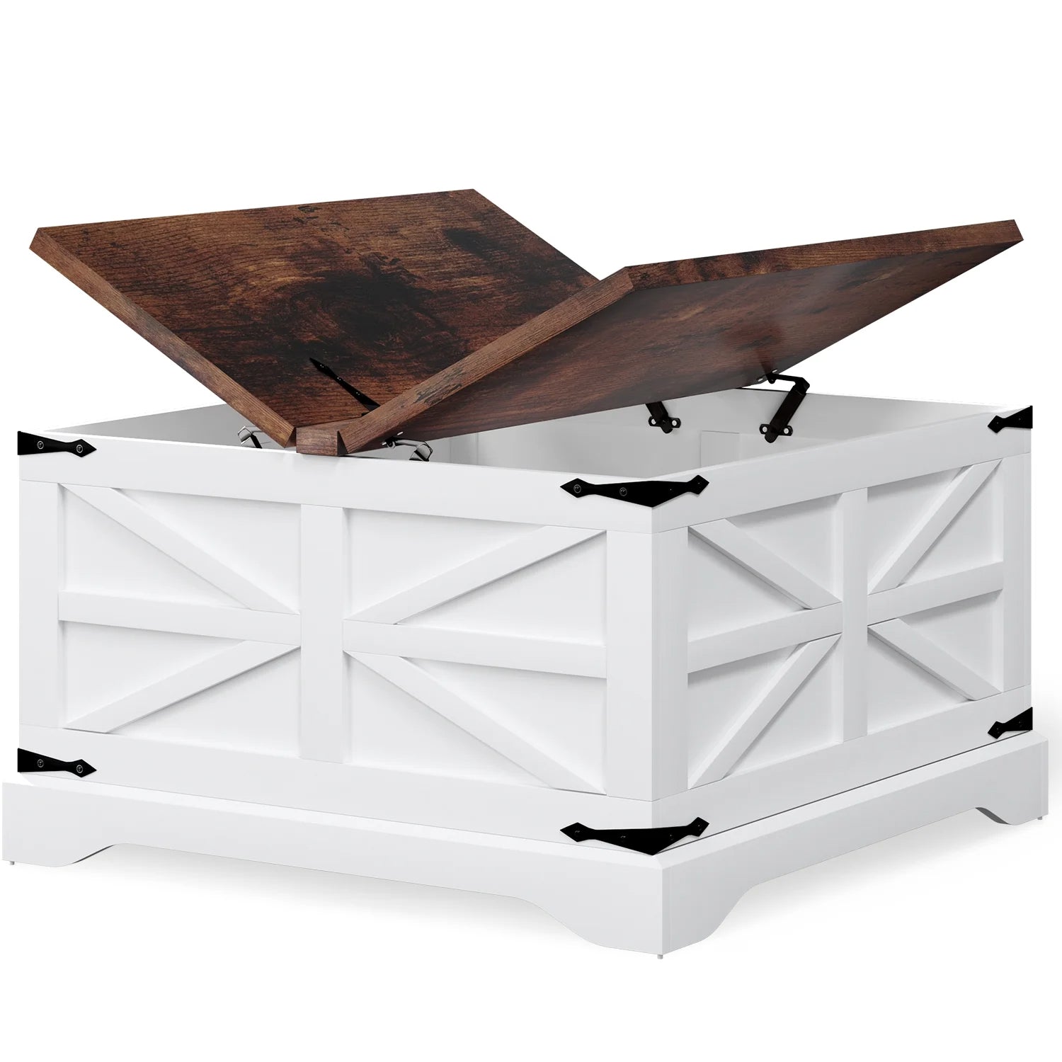 Farmhouse Coffee Table, Square Wood Center Table with Large Storage Space, Metal Corners for Living Room, White