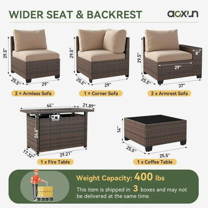 Aoxun 7 Pcs Outdoor Patio Furniture Sets with with 44'' Fire Table, Widen Armrests Wicker Outdoor Sectional for Backyard (Waterproof Cover Include)