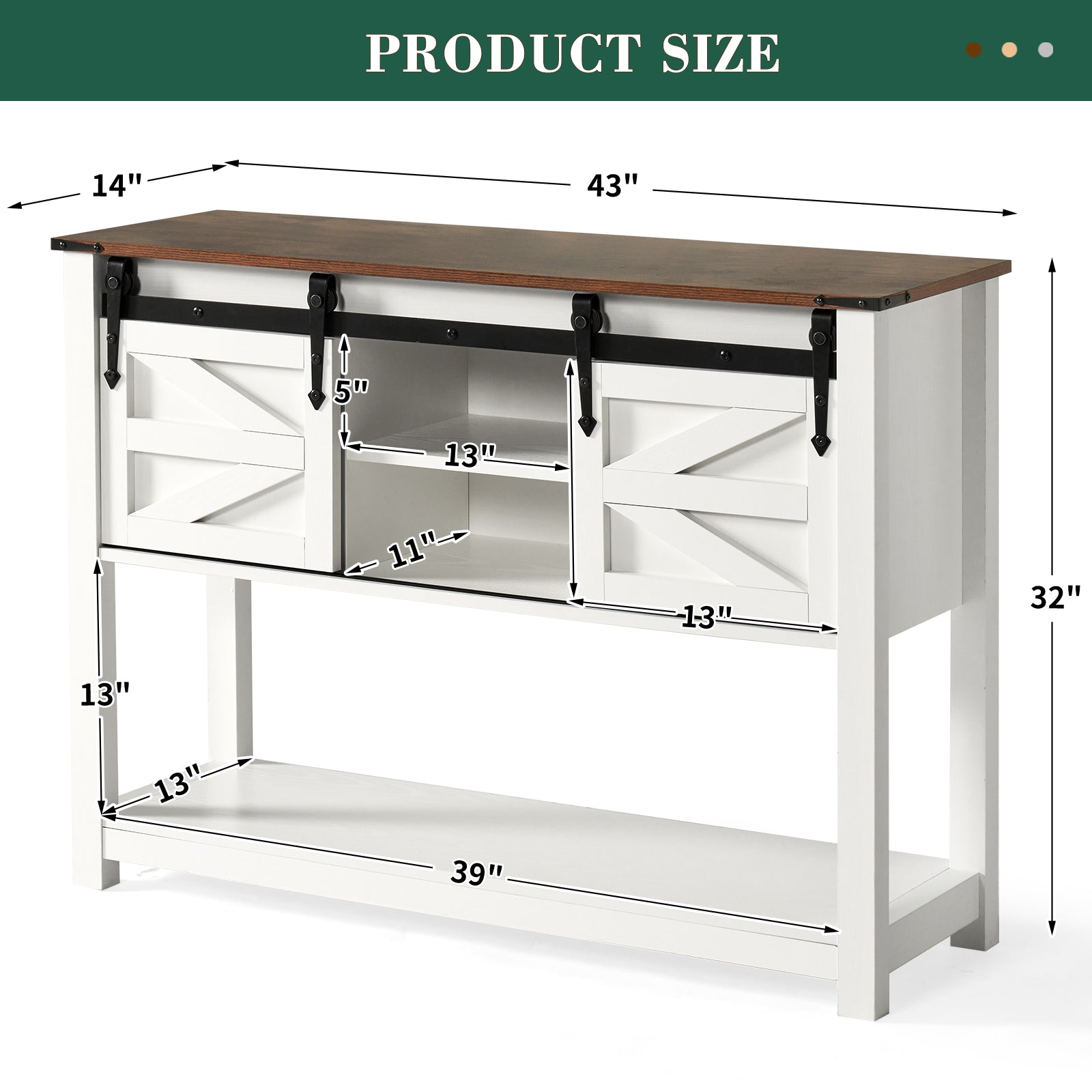 Entryway Table, Sliding Barn Doors, 46'' Farmhouse & Industrial Console Table with Storage, White