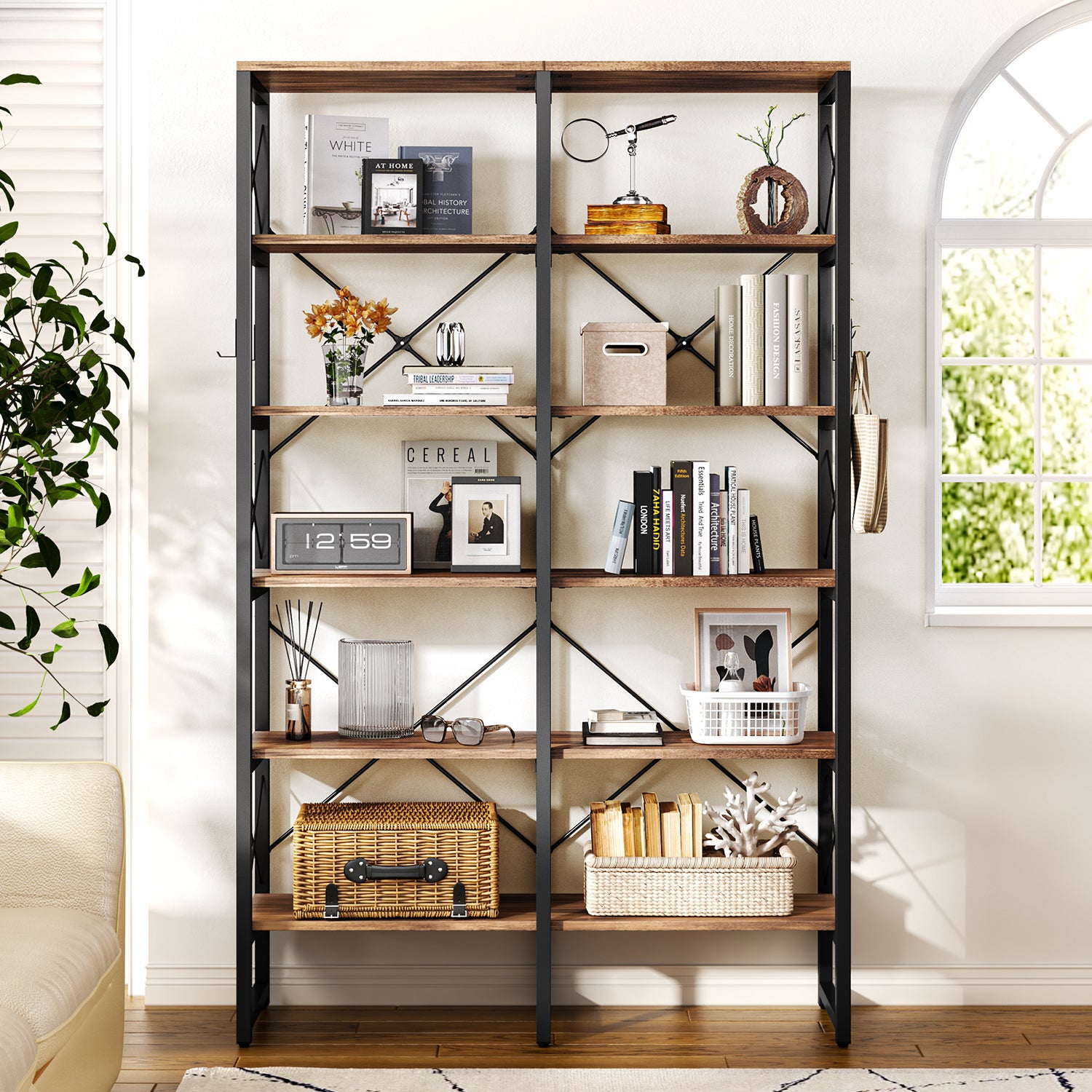 6-Tier Double Wide Bookcase with X-shape Metal Bars and Detachable Boards, Brown