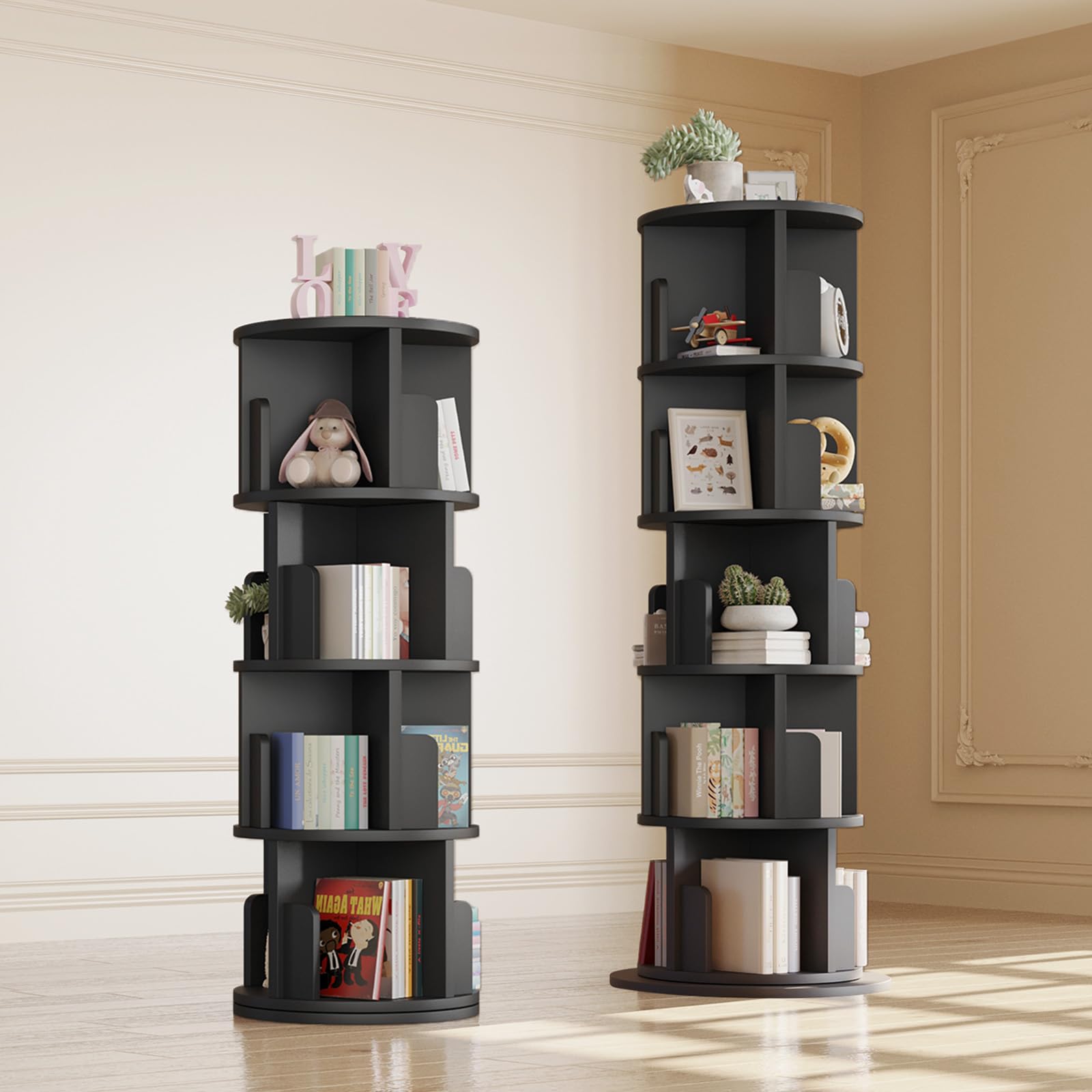 5 Tier Rotating Bookshelf, 360° Rotating Wood Floor Standing Bookcase, Freestanding Storage Shelf, Swivel Bookshelf Display Rack, Black