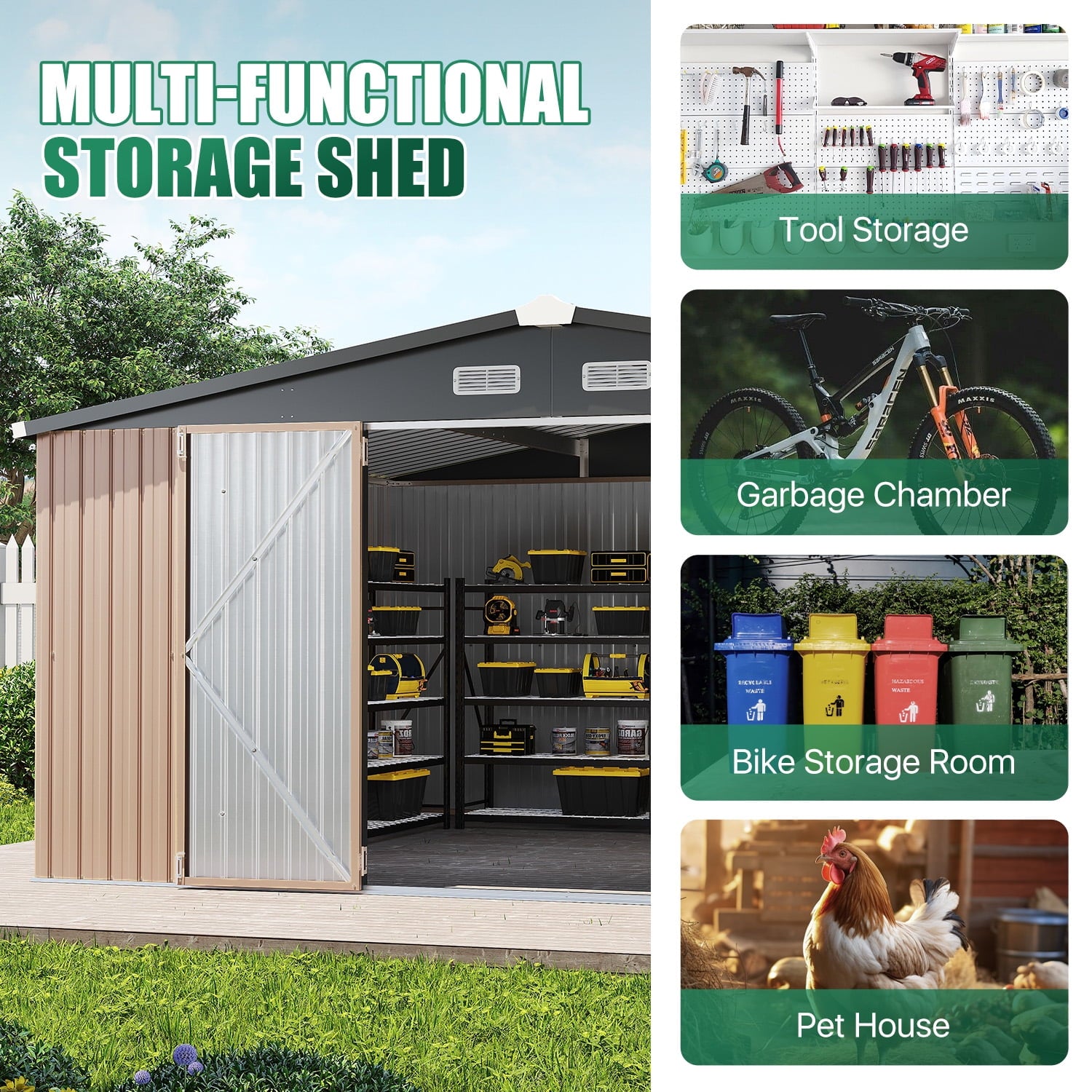 Clouddwell 12x10 ft. Metal Storage Shed, Waterproof Steel Garden Shed with Lock, Brown