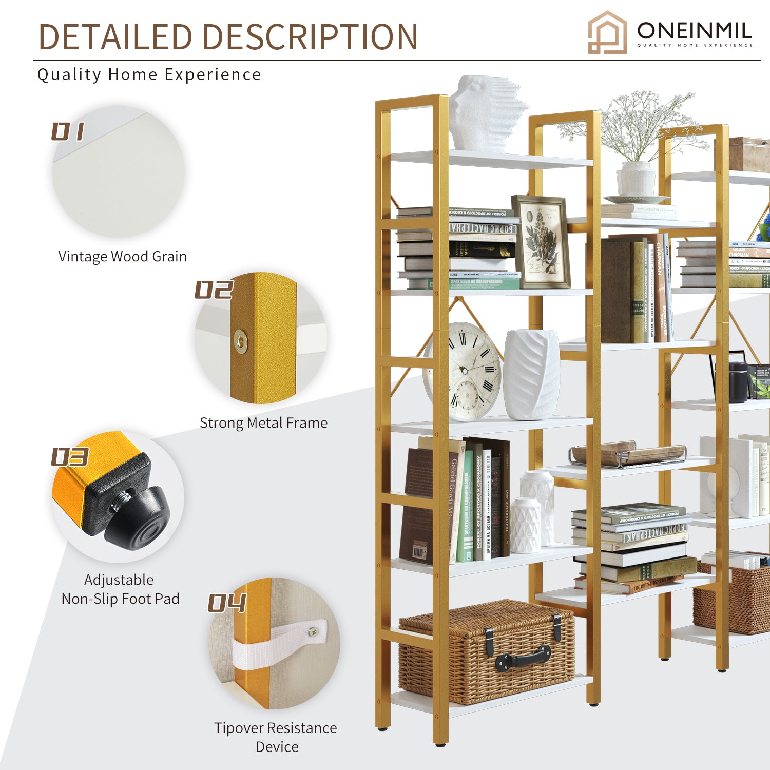 5-tier Bookcase Triple Wide 59" Tall Bookshelf for Home Office, Gold