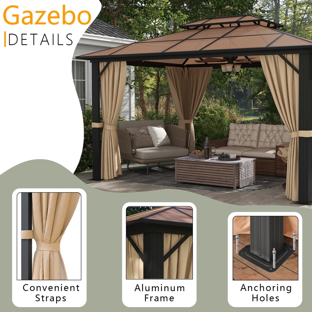 10x13 ft Patio Hardtop Gazebo, Aluminum Furniture Gazebo with Netting and Curtains for Garden, Brown