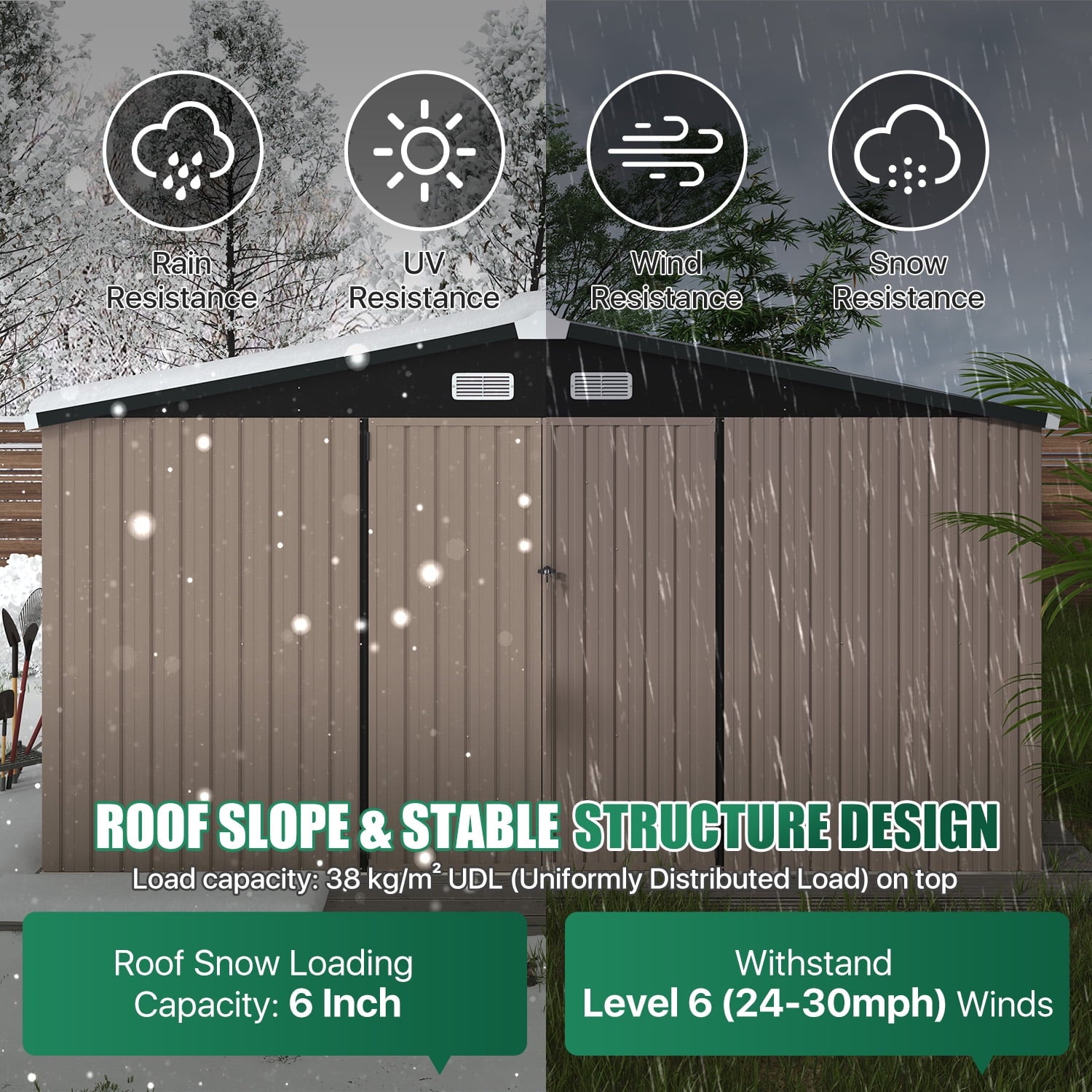 Clouddwell 11.5x9.4ft Galvanized Steel Storage Shed with Floor & Double Doors - Brown