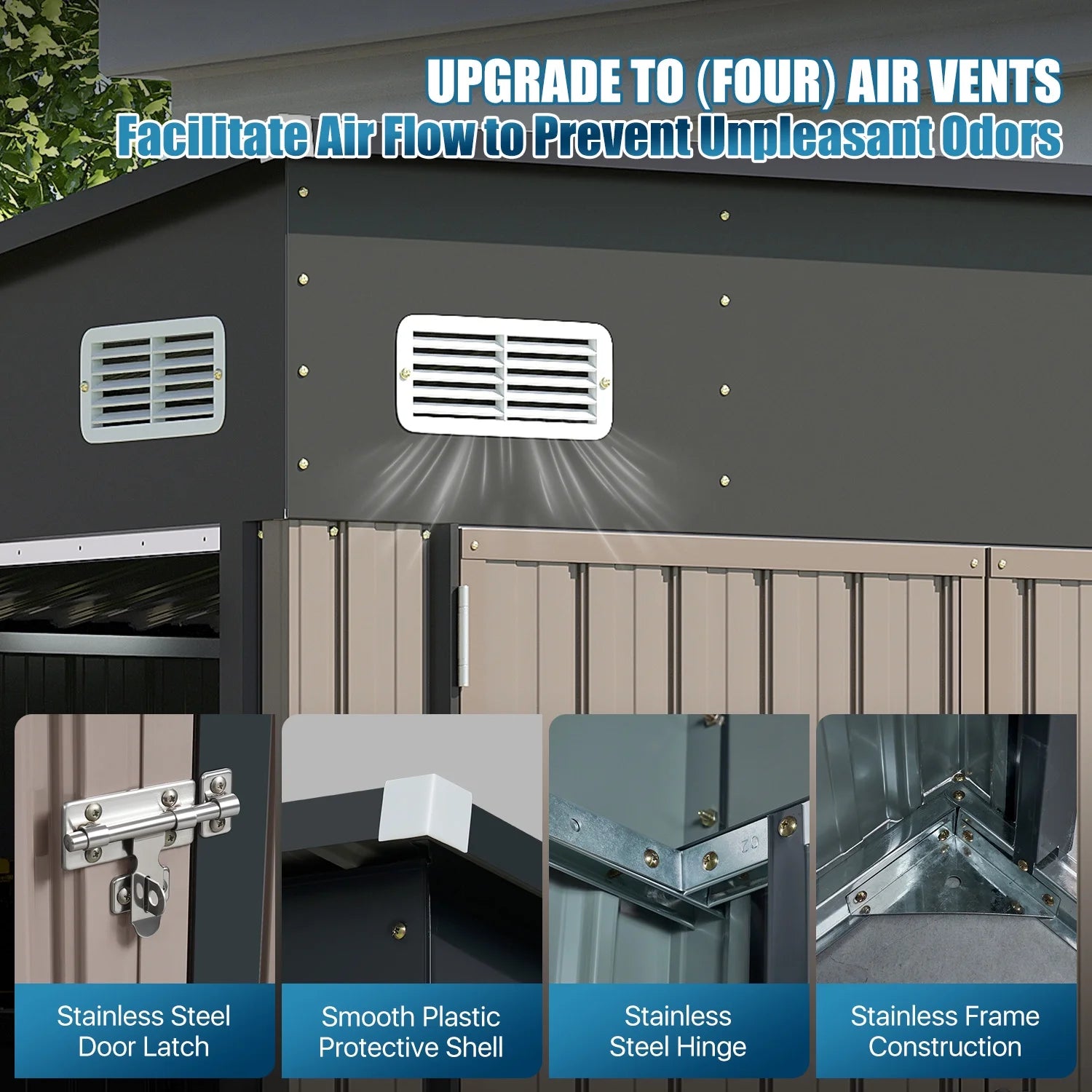 Sunmthink 10' x 8' Metal Storage Shed with Triple Doors, Lockable Lean-to Design & Vents, Brown