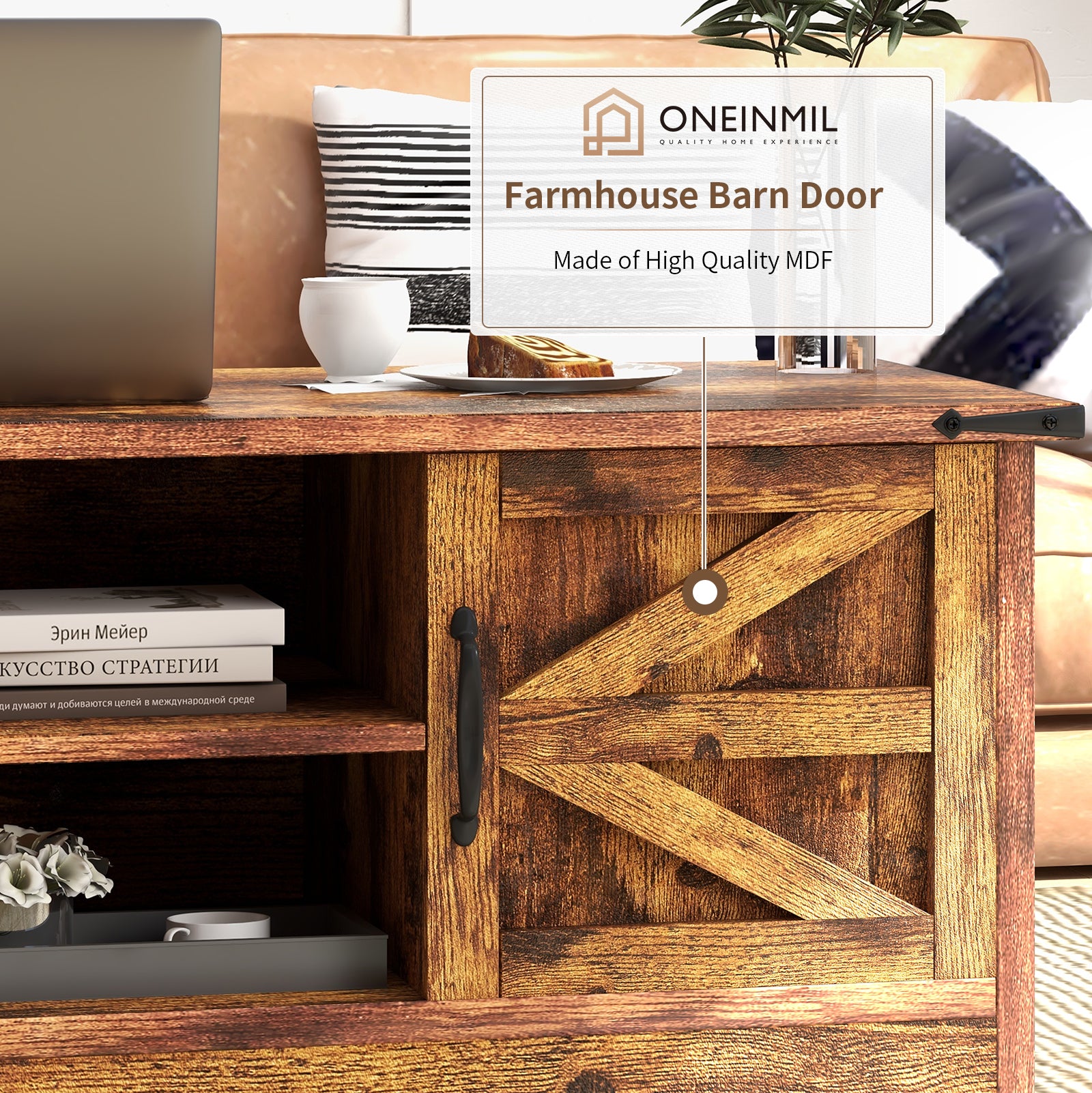 Coffee Table, Farmhouse & Industrial Center Table with Storage, Rustic Style Wooden Living Room Table, Brown