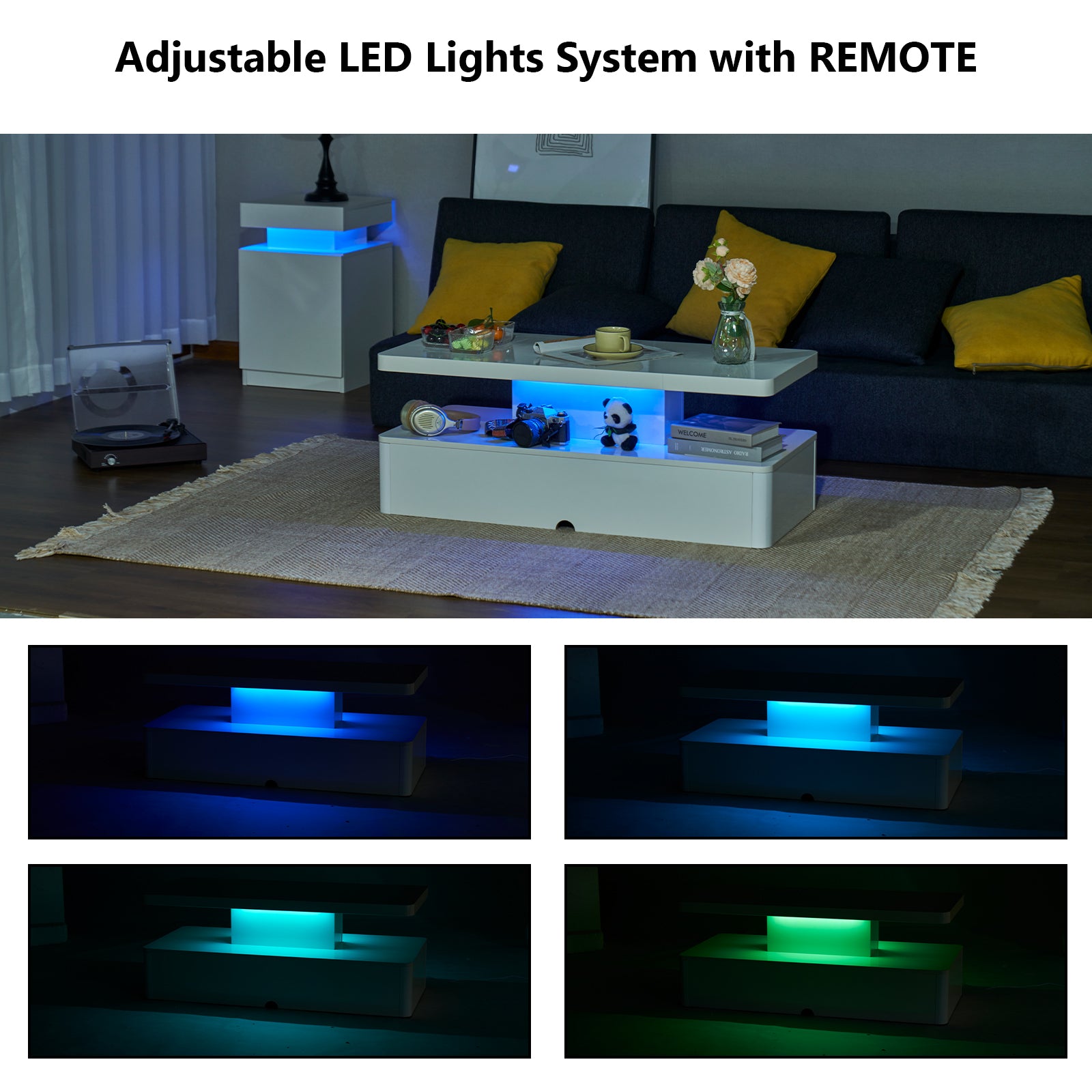 Modern Stylish Coffee Table with 16 Colors LED Lights, Double-Layer Design for Living Room, White High Gloss Acrylic