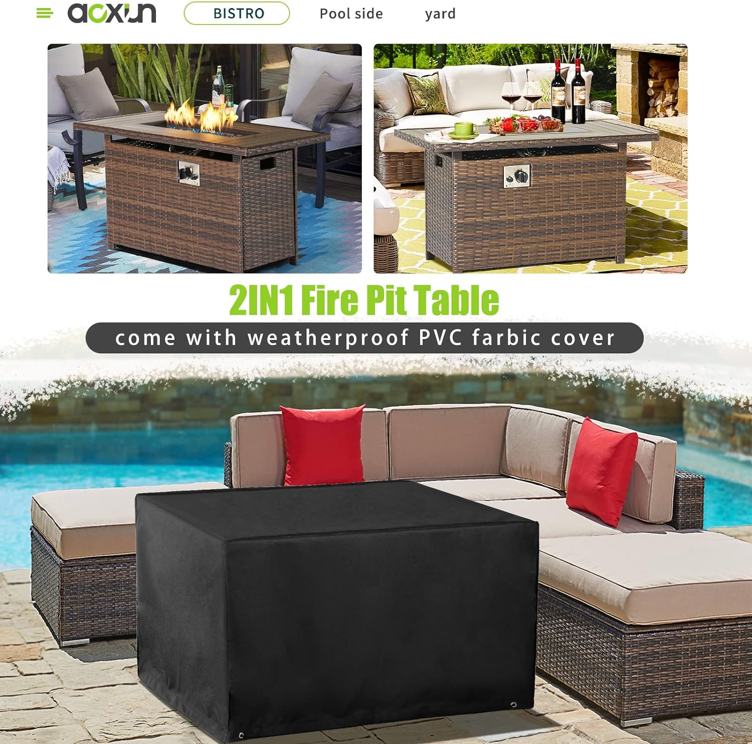 40" Wicker Propane Fire Pit Table, 50,000 BTU, Auto Ignition Gas Fire Pit with Oxford Cover