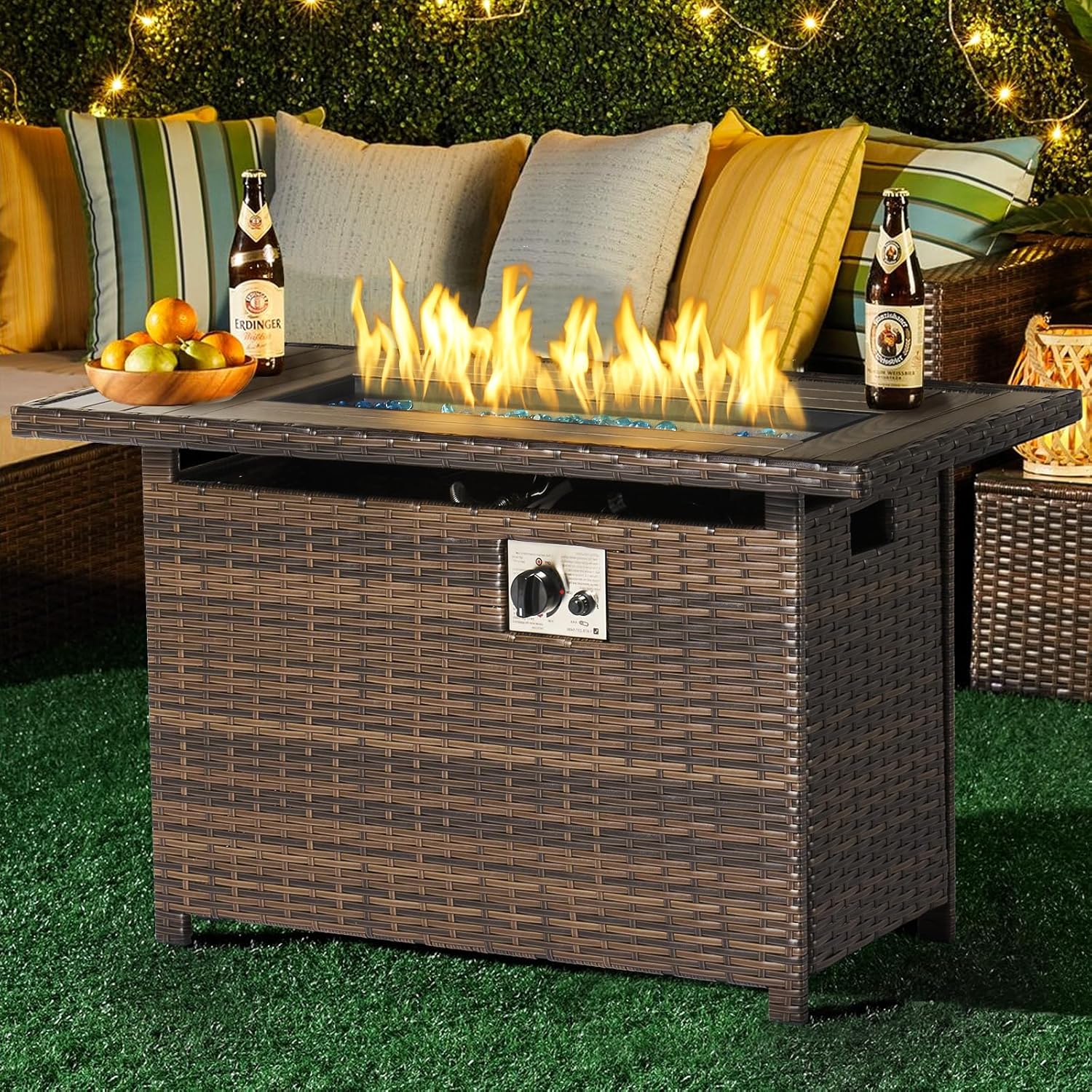 40" Wicker Propane Fire Pit Table, 50,000 BTU, Auto Ignition Gas Fire Pit with Oxford Cover