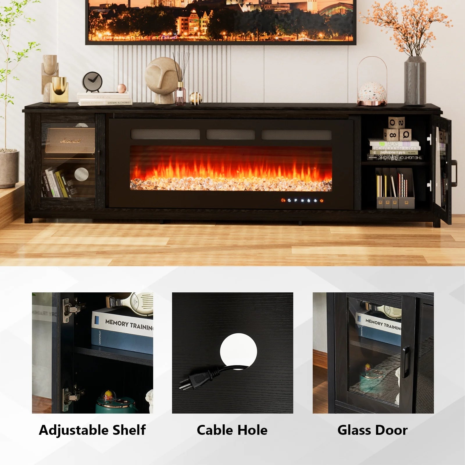 Fireplace TV Stand, Entertainment Center with 50" Electric Fireplace, Media Console Table Designed for Living Room, Black