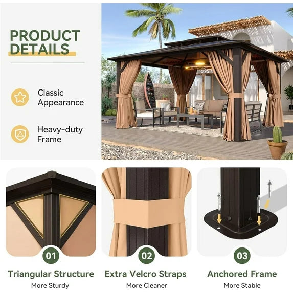 Aoxun 12'x14' Hardtop Gazebo, Aluminum Frame Permanent Pavilion with Curtains and Netting, Outdoor Polycarbonate Double Roof Canopy, Designed for Garden, Brown
