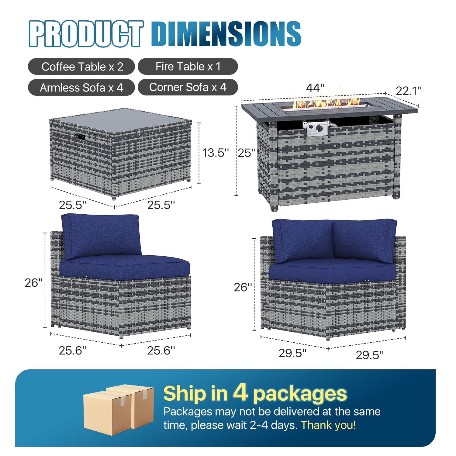 Sunmthink Patio Furniture Sets, 11-Piece Outdoor Patio Furniture with 44'' Propane Gas Firepit Table, Wicker Outdoor Conversation Set and Waterproof Cover for Backyard, Poolside, Garden