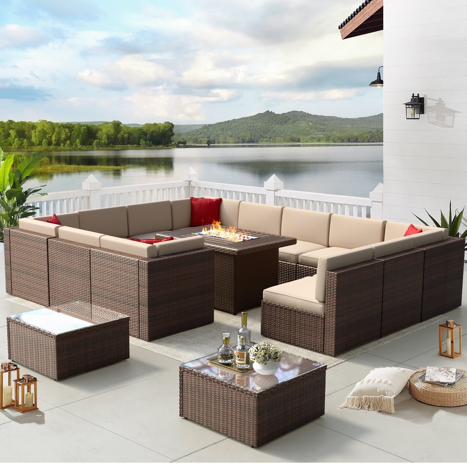 15 Piece Outdoor Patio Conversation Set with 44-inch Fire Pit Table,Outdoor Furniture Sectional Wicker Sofa Set with Beige Cushions