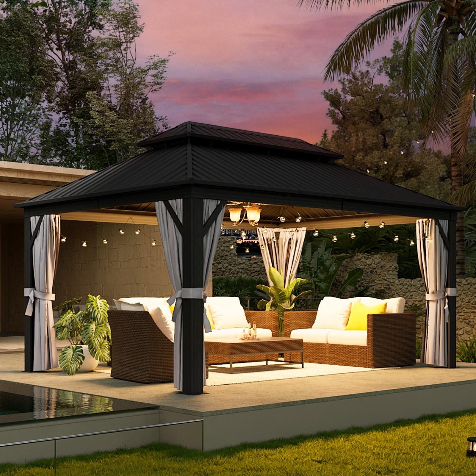 12 ft. x 16 ft. Outdoor Hardtop Gazebo, Galvanized Double Roof Aluminum Pavilion with Netting and Curtains for Garden, Patio, Lawns, Gray