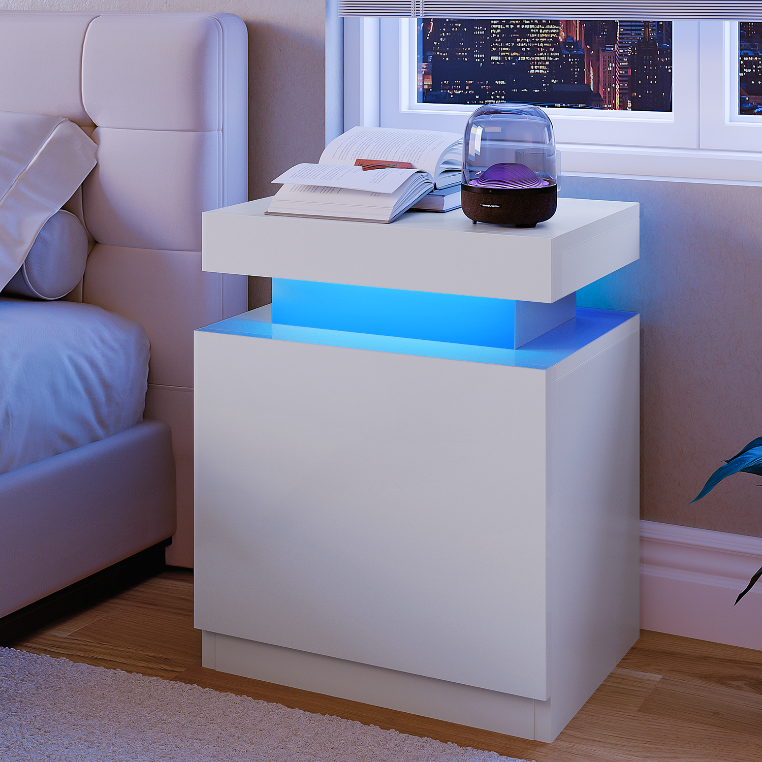 Nightstand Set of 2, LED Nightstand with Cabinet, Bedside Table with LED Lights, Modern End Side Table for Bedroom, White