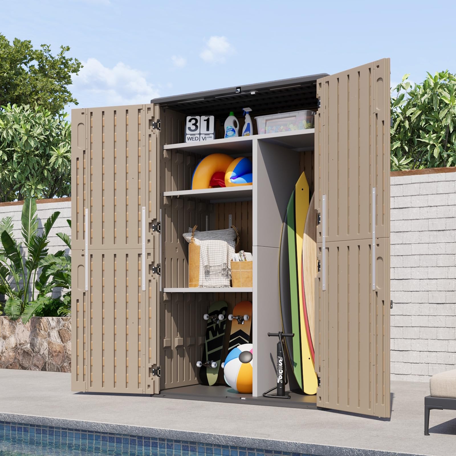 Aoxun Outdoor Resin Storage Shed with Metal Shelving Kit & Floor, 64 Cu.Ft Vertical Waterproof Storage Cabinet for Garage Storage, Pool Storage, Bike Shed, Garden Tools, Patio Furniture (Brown)