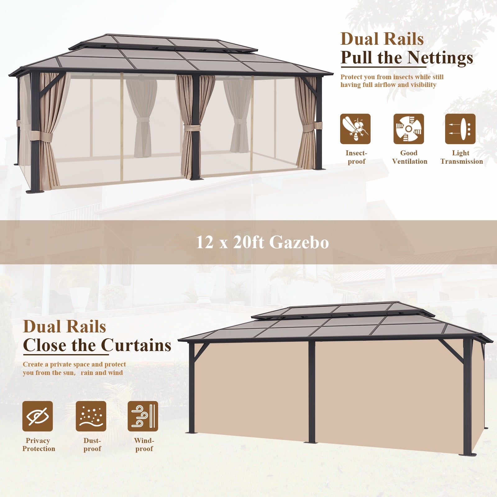 12'x20' Outdoor Hardtop Gazebo, Double Polycarbonate Roof Gazebo Canopy Aluminum Frame Permanent Pavilion with Curtains and Netting for Garden,Patio, Backyard,Brown