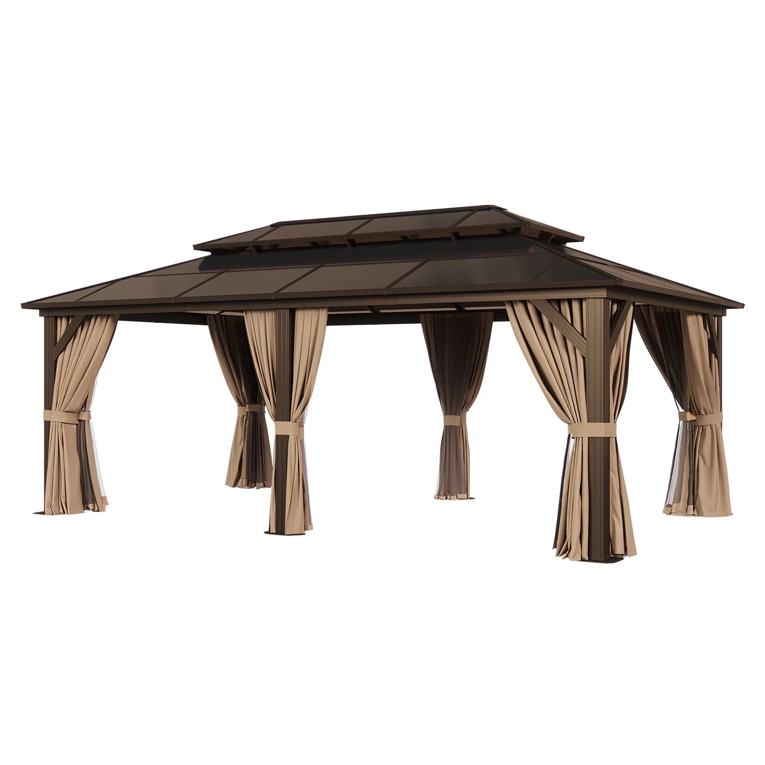 Sunmthink 12' x 20'Hardtop Gazebo,Polycarbonate Double Roof,Aluminum Frame with Curtains and Netting for Patio,Garden,Brown