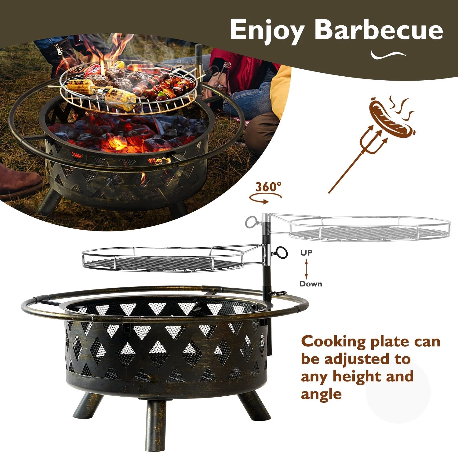 Fire Pit for Outside 30 inch Outdoor Wood Burning Firepit Large Steel Firepit Bowl with Removable Cooking Swivel BBQ Grill for Backyard Bonfire Patio