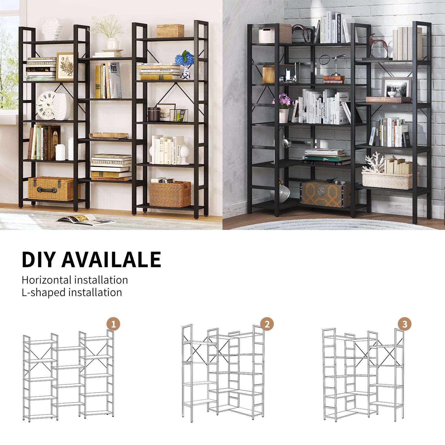 5 Tier Bookcase Triple Wide 59" Tall Bookshelf for Home Office