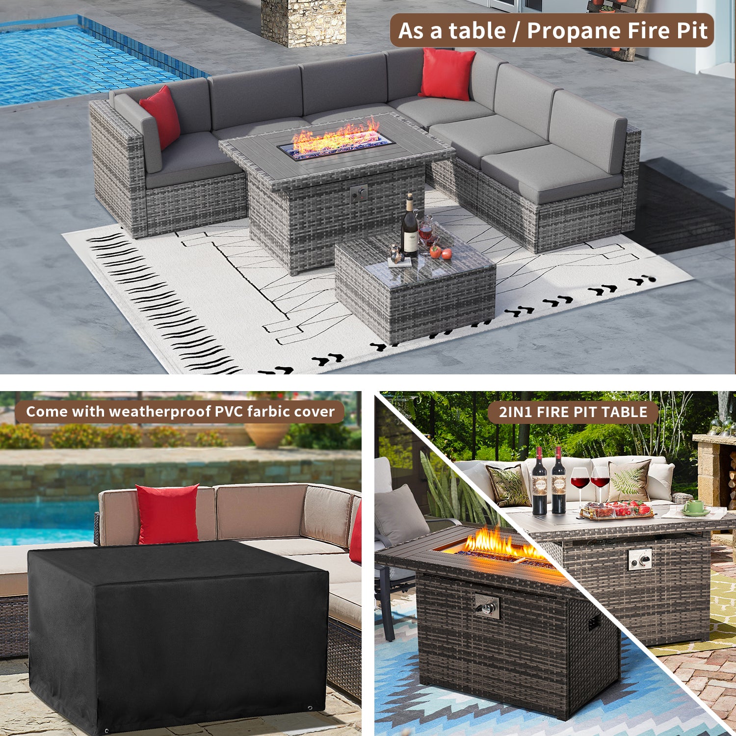 8 Pcs Patio Conversation Sets with Fire Pit Table,Outdoor Funituire Sets Grey