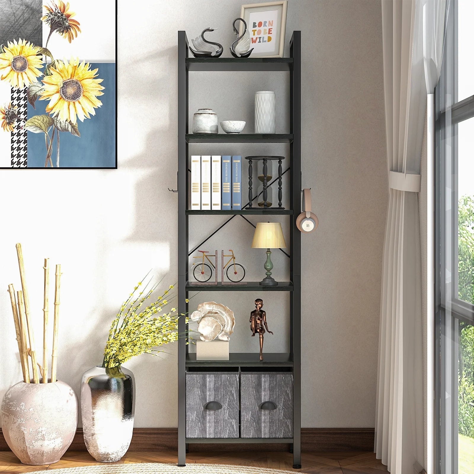 6 Shelf Bookcase with 2 Drawers, 71" Rustic Black Bookshef for Living Room and Home Office