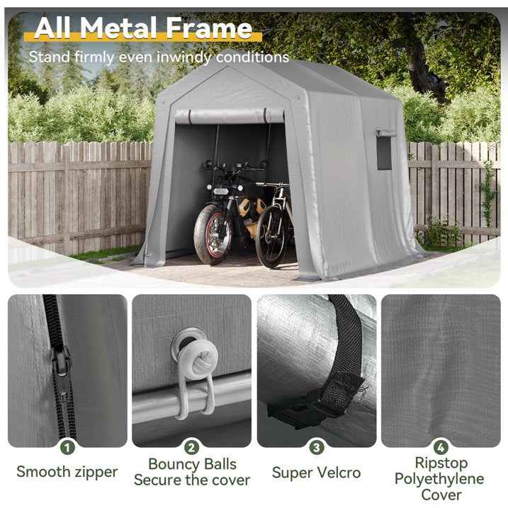 Aoxun 6x8 FT Outdoor Storage Shed, Portable Garage with Roll-Up Door & Window, Waterproof Tarp & Galvanized Steel Frame for Lawn Equipment, Bike, Motorcycle, Trunk Cover, Gray
