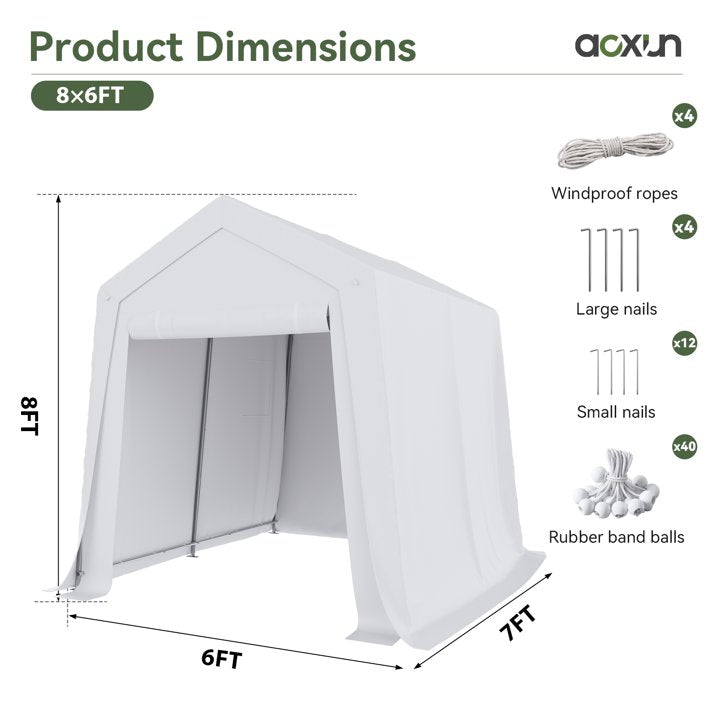 Aoxun 6x8 FT Portable Carport Shed, Waterproof Outdoor Storage Tent with Zipper Door for Garden Tools, Bicycle, Motorcycle, Generator Cover, White