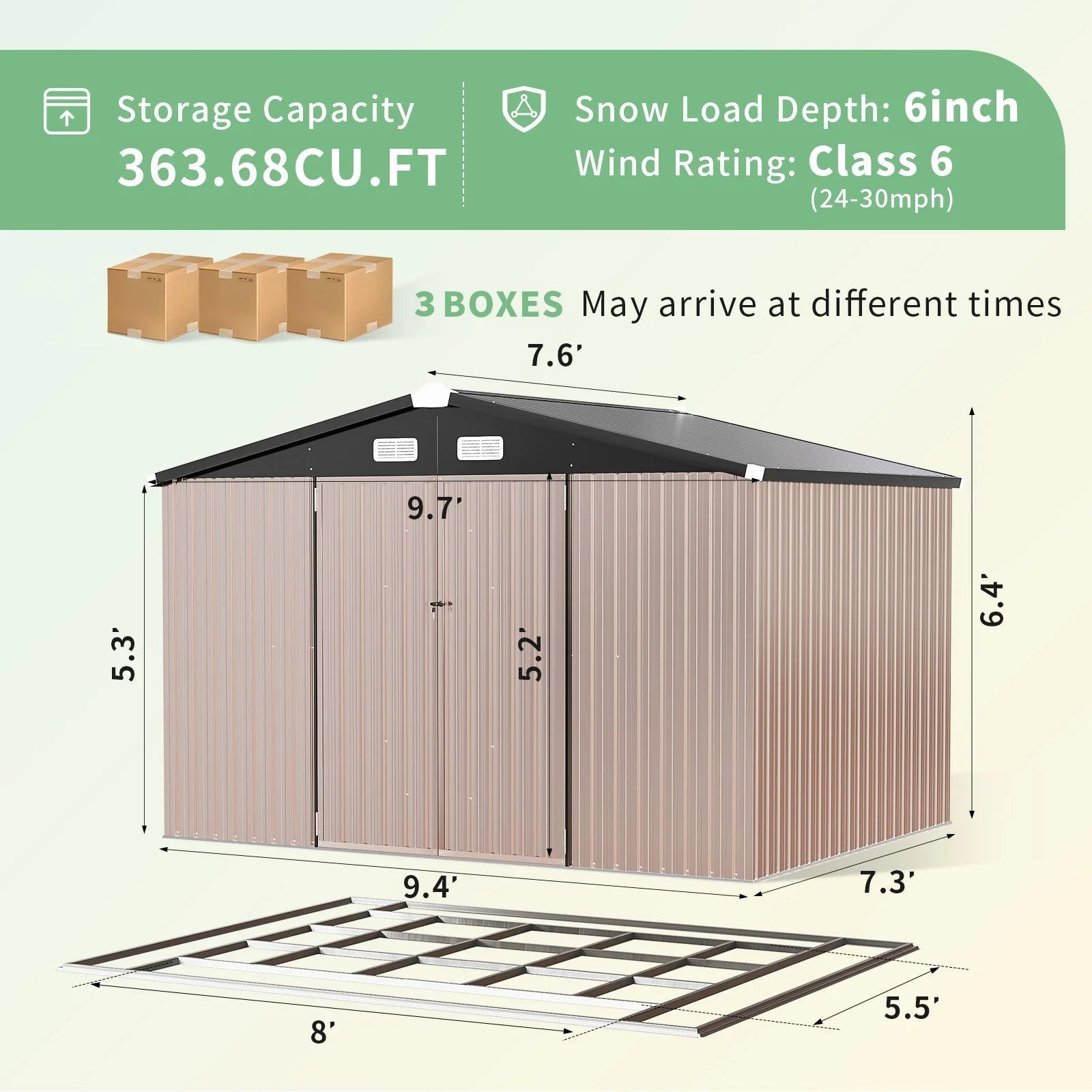 9.7' x 7.6' Outdoor Storage Shed with Base Frame, Metal Garden Shed with Lockable Door for Patio, Backyard(Floor not included)