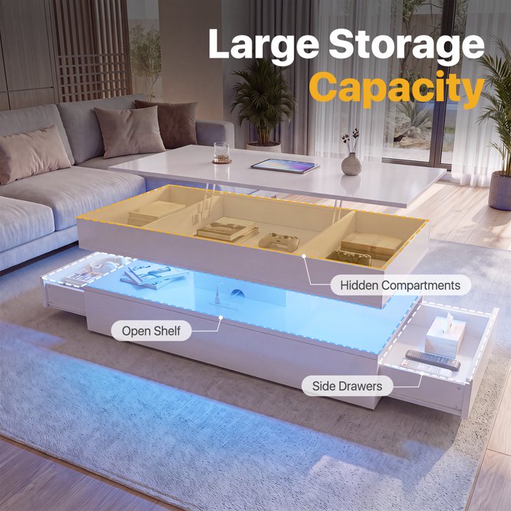 Sonegra 47" High-Glossy LED Lift Top Coffee Table with 2 Sliding Drawers, Large Open Storage Space & Ambient LED Lighting, Modern Double-Layer Livingroom Table, White