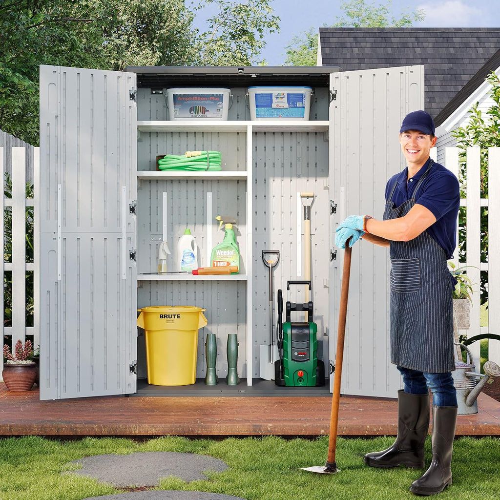Resin Storage Racks Resin Outdoor Storage Cabinet, Vertical Shed with Floor, Tall Tool Shed