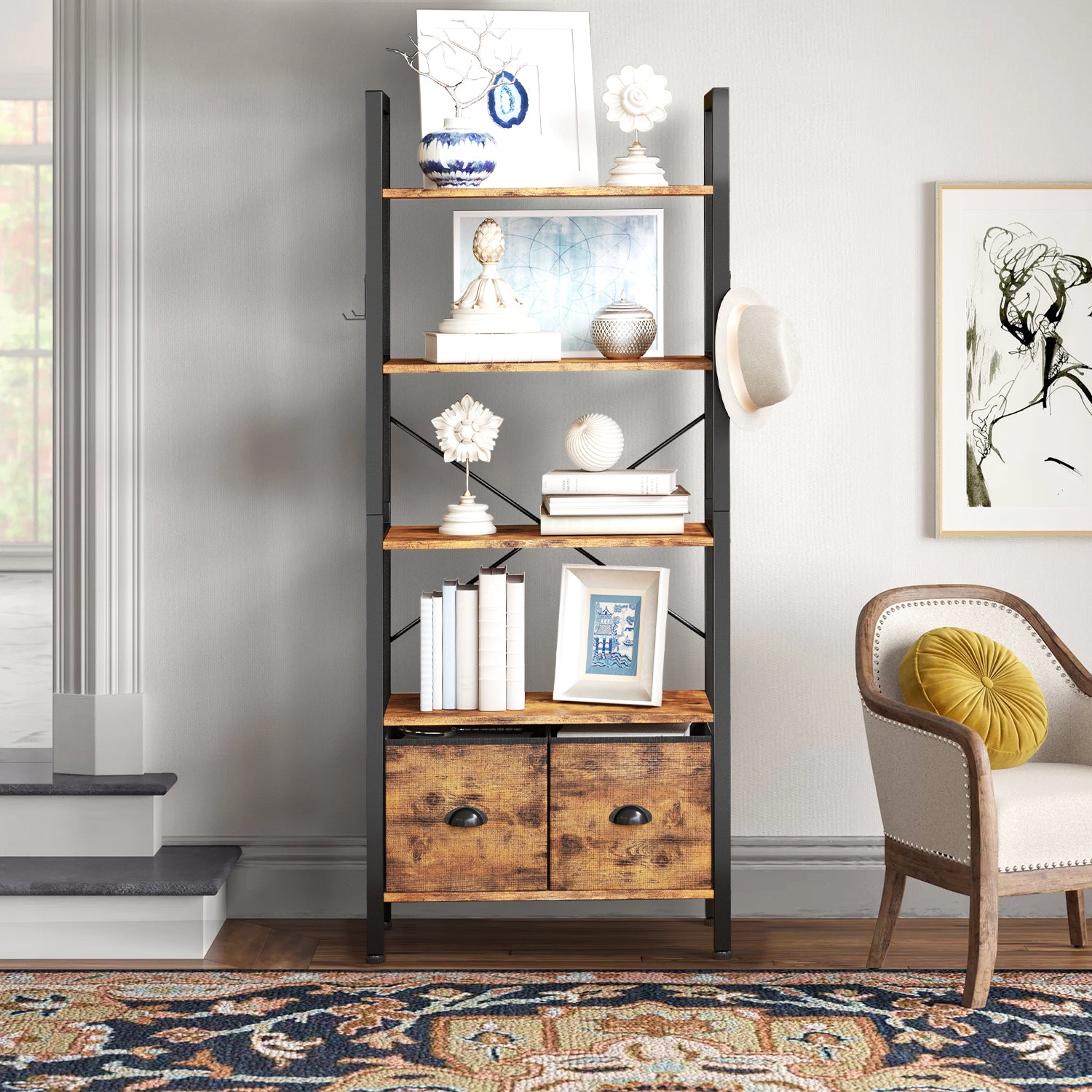 5 Shelf Bookcase with 2 Drawers, 60" Rustic Brown Bookshef for Living Room and Home Office