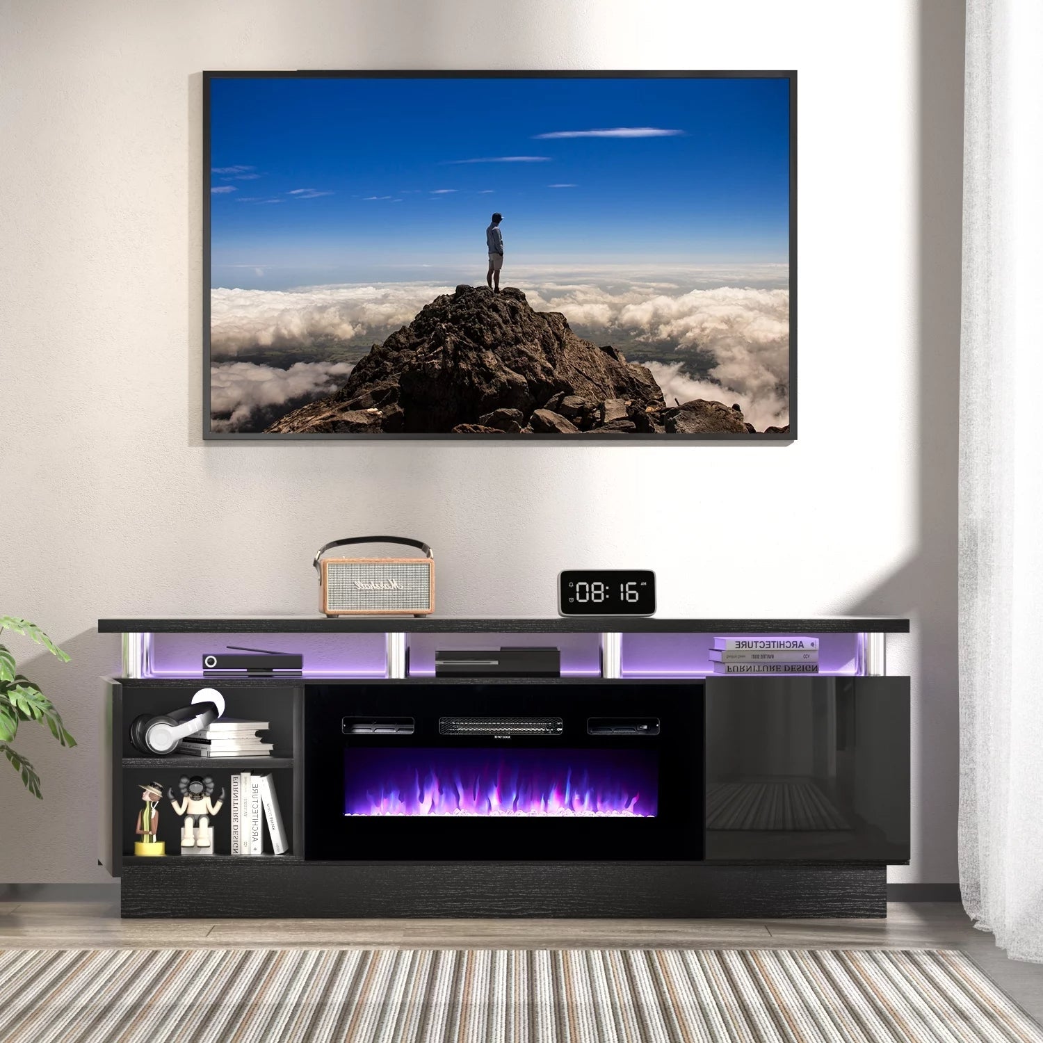 Fireplace TV Stand with LED Light, for TVs up to 80", Black