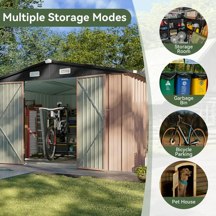 10x10ft Outdoor Storage Shed, Steel Garden Shed, Brown(Floor Included)