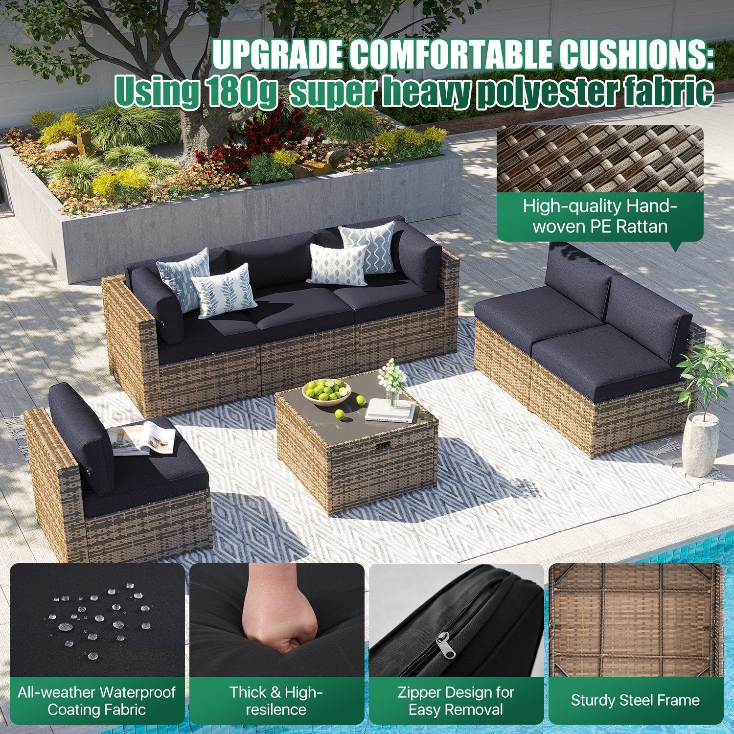 Clouddwell 15 Piece Patio Furniture Set with 44” Fire Pit Table Wicker Rattan Patio Conversation Set Outdoor Sectional Sofa Set with Coffee Table and Black Cushions(Waterproof Cover Included)