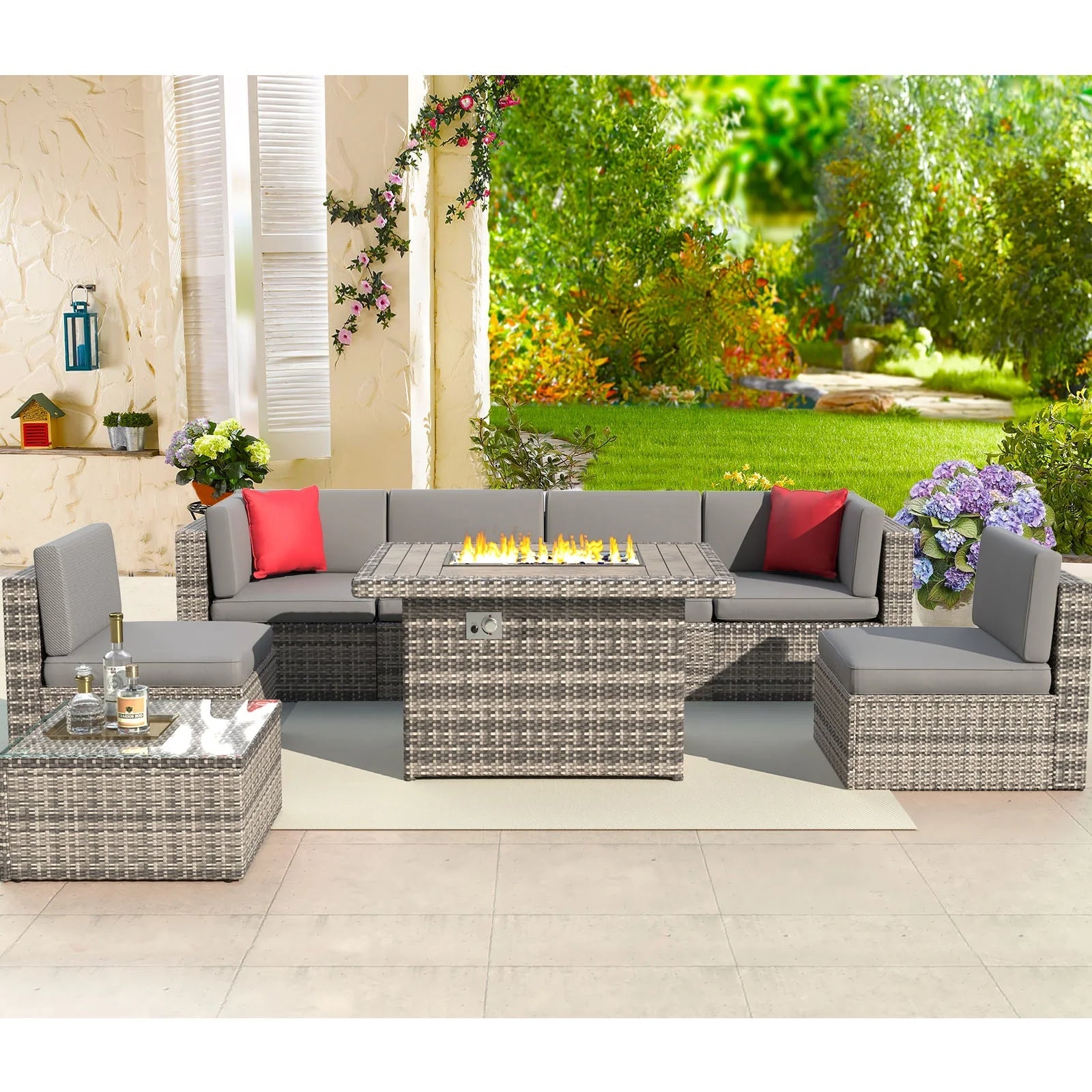 8 PCS Outdoor Patio Furniture Set with 44-inch Fire Pit Table, Gray Cushions