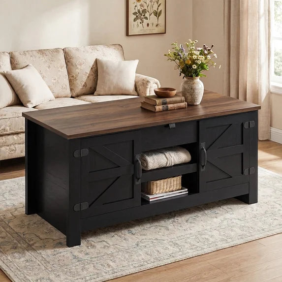 Sonergra Lift Top Coffee Table with Storage, Farmhouse Living Room Table with Charging Station & Barn Doors, Black