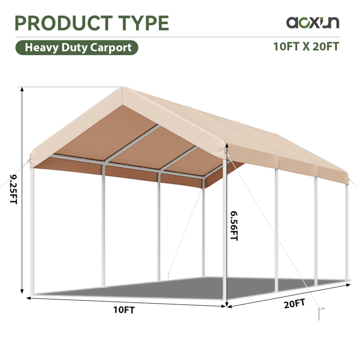 Aoxun 10x20 FT Heavy-Duty Portable Carport, Outdoor Car Canopy Shelter with Waterproof Tarp & Wind Resistant Design, Galvanized Steel Frame for Vehicle, RV, Boat, Truck Cover (Khaki)