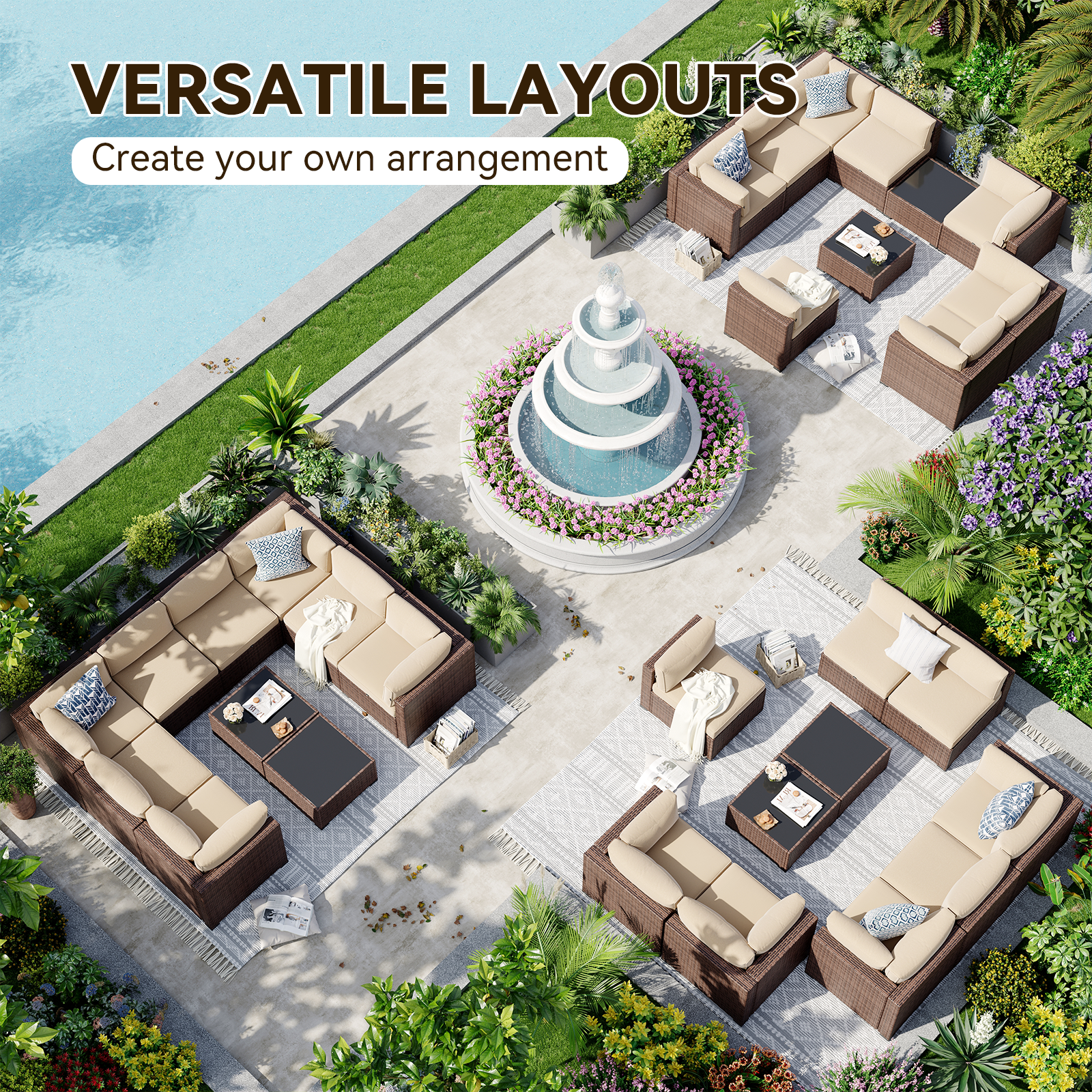 Aoxun Patio Furniture Sets Wicker Outdoor Conversation Set Sectional Sofa for Backyard, Poolside, Garden