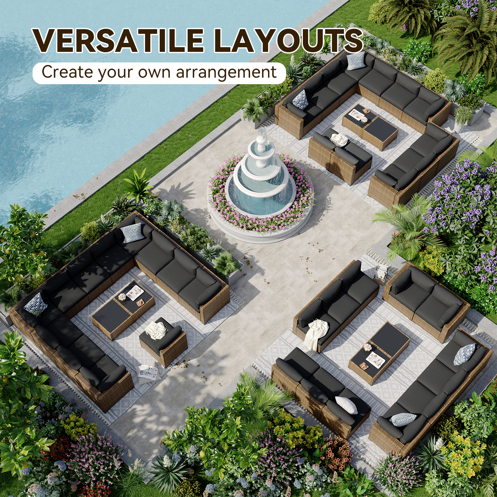 Aoxun Patio Furniture Sets Wicker Outdoor Conversation Set Sectional Sofa for Backyard, Poolside, Garden