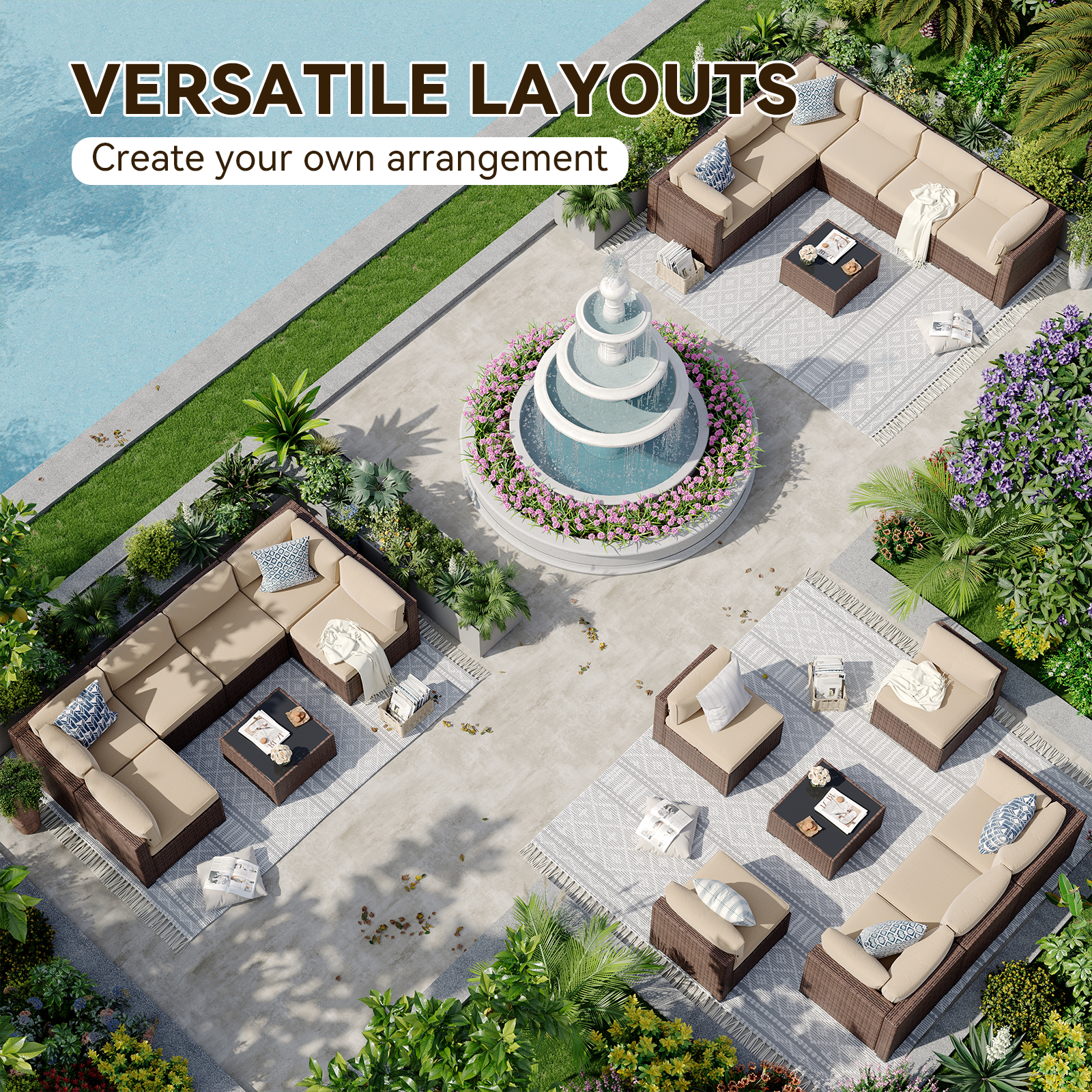 Aoxun Patio Furniture Sets Wicker Outdoor Conversation Set Sectional Sofa for Backyard, Poolside, Garden