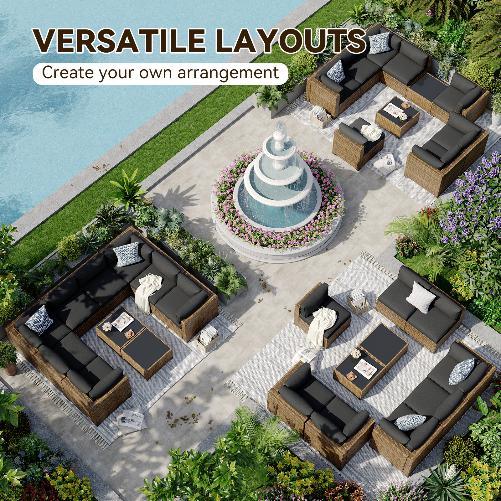 Aoxun Patio Furniture Sets Wicker Outdoor Conversation Set Sectional Sofa for Backyard, Poolside, Garden