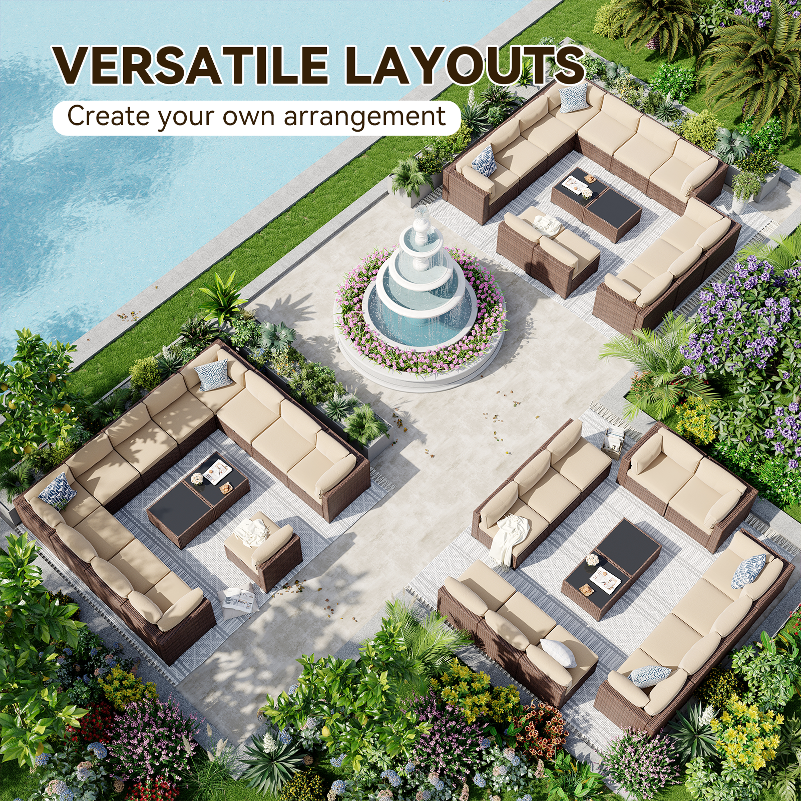 Aoxun Patio Furniture Sets Wicker Outdoor Conversation Set Sectional Sofa for Backyard, Poolside, Garden