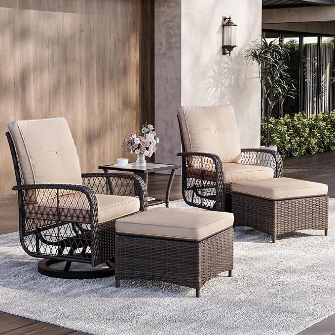 Rocking Rattan Swivel Chair Set with Coffee Table & Optional Ottomans