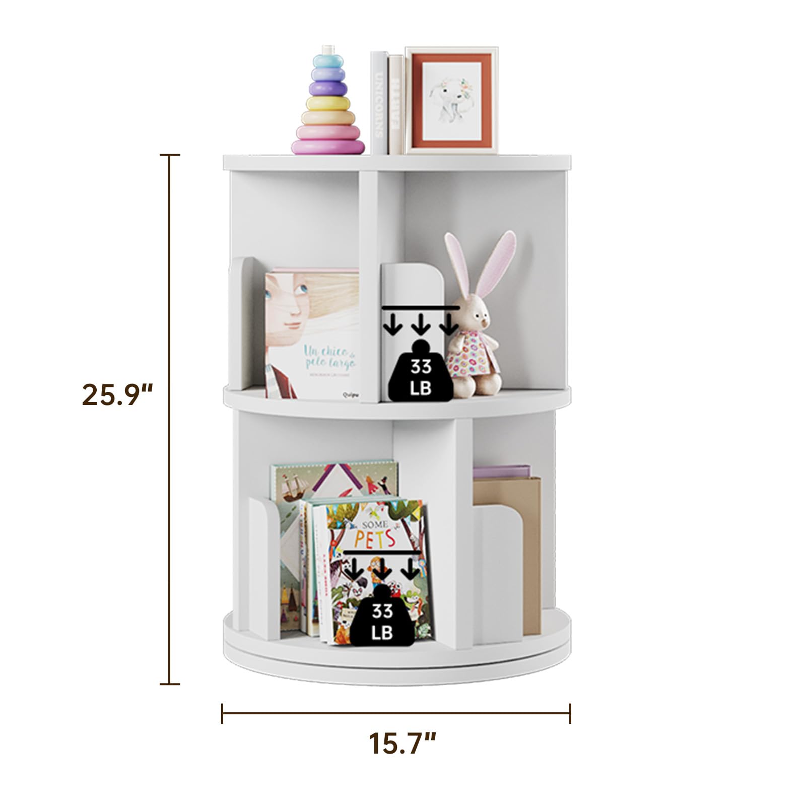 2 Tier Rotating Bookshelf, 360° Rotating Wood Floor Standing Bookcase, Freestanding Storage Shelf, Swivel Bookshelf Display Rack, White