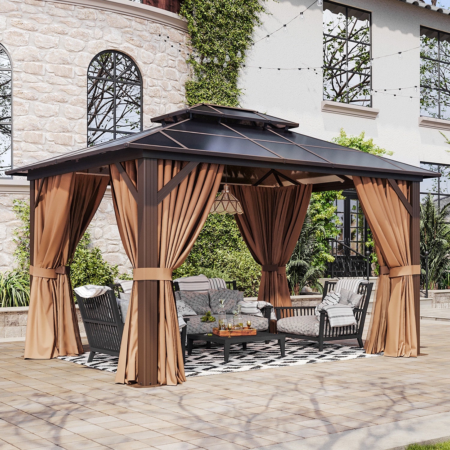 10'x12' Hardtop Gazebo, Outdoor Polycarbonate Double Roof Canopy, Aluminum Frame Permanent Pavilion with Curtains and Netting, Sunshade for Garden, Patio, Lawns