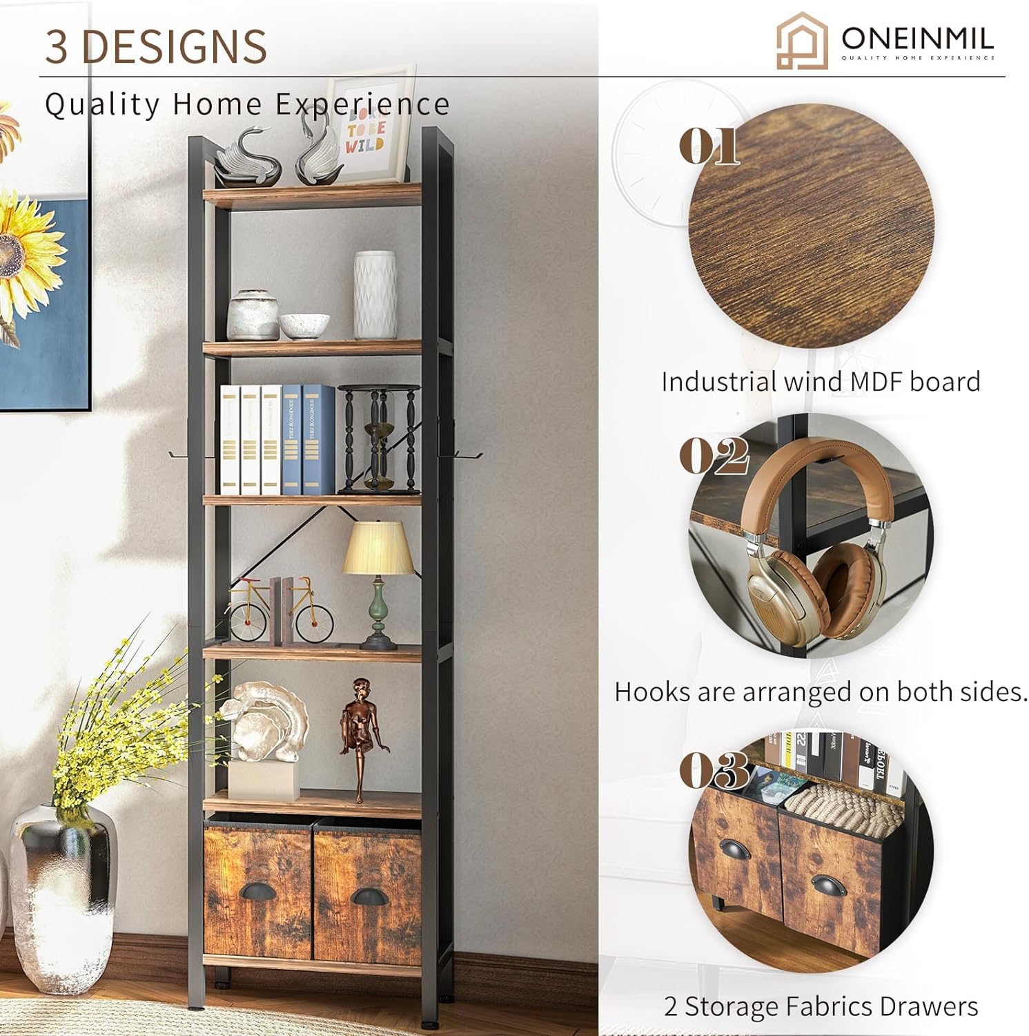 6 Shelf Bookcase with 2 Drawers, 71" Rustic Brown Bookshef for Living Room and Home Office