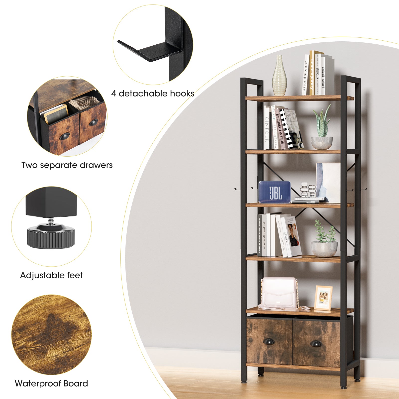 Sunmthink 6 Tier Bookshelf with Drawers, Tall Bookcase with Shelves, Narrow Book Shelf Storage Organizer, Brown